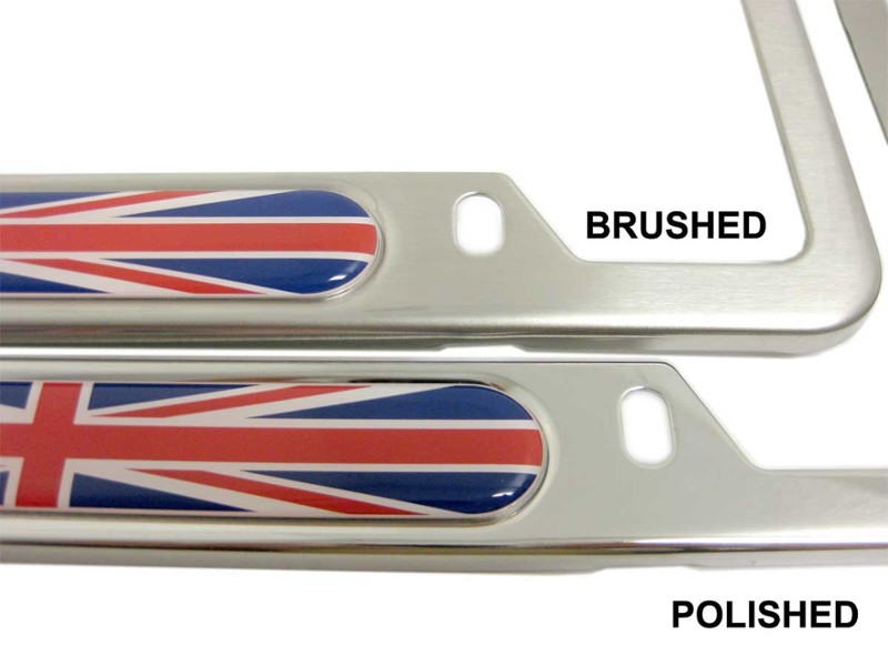 LICENSE PLATE FRAME UNION JACK EACH - BRUSHED OR POLISHED STAINLESS STEEL